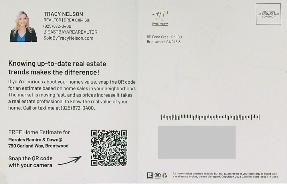 Example of QR code call-to-action on a direct mail postcard from a realtor